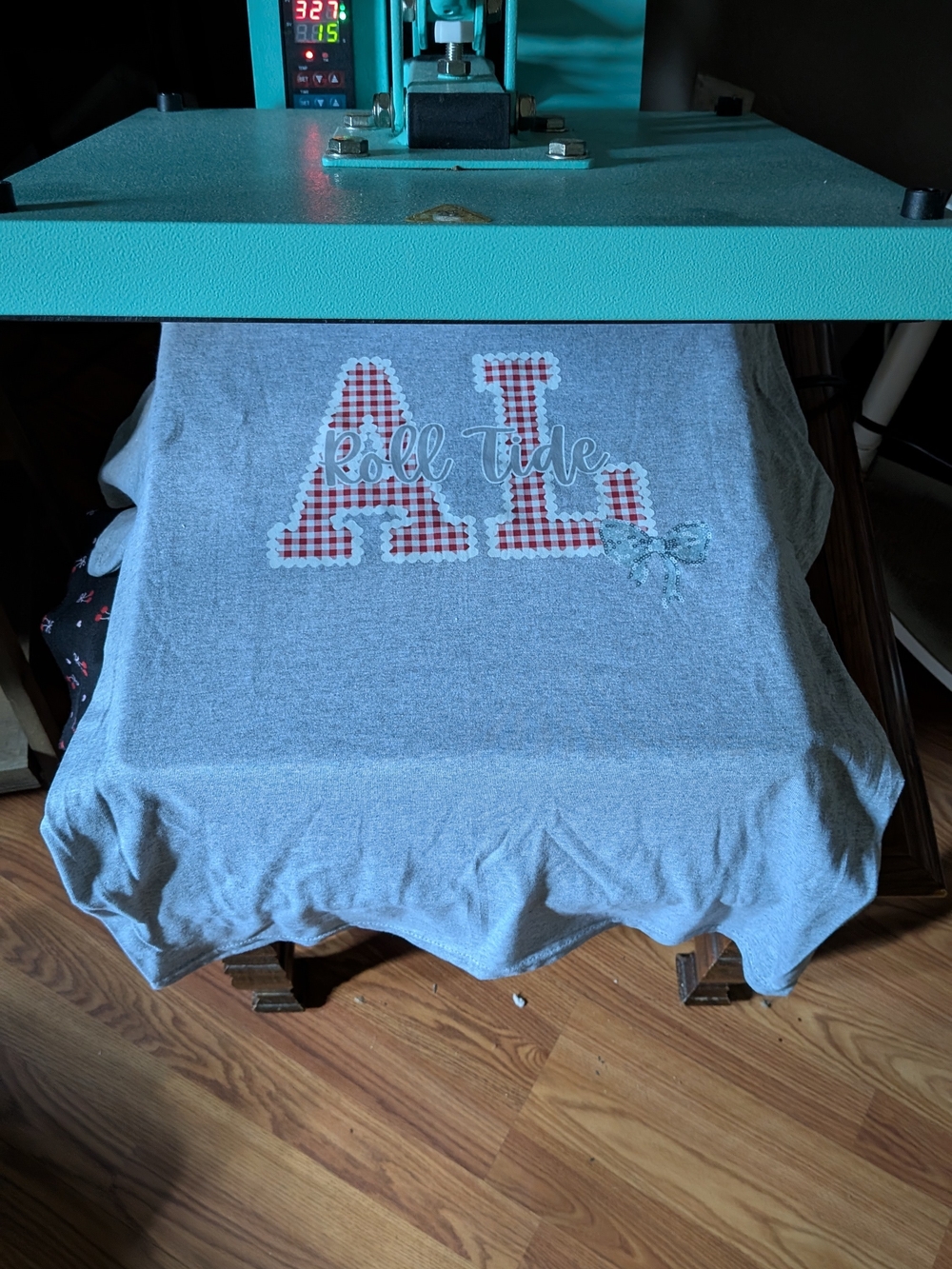 Gilded Intent Gray Short Sleeve Tee with Red Gingham Appliqué